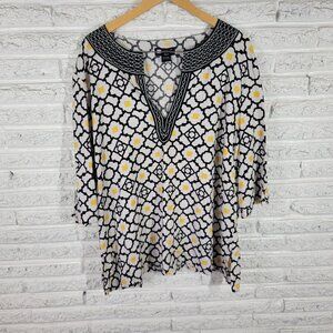 Carole Little 3X Plus Size Top Yellow Black Geometric Embroidered GEO258E